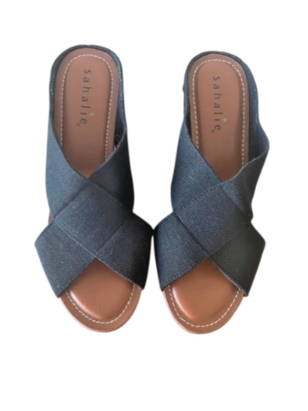 Sahalie EOA404 Crisscross Wedge Sandals – Black Fabric & Cork Platform Size 10W